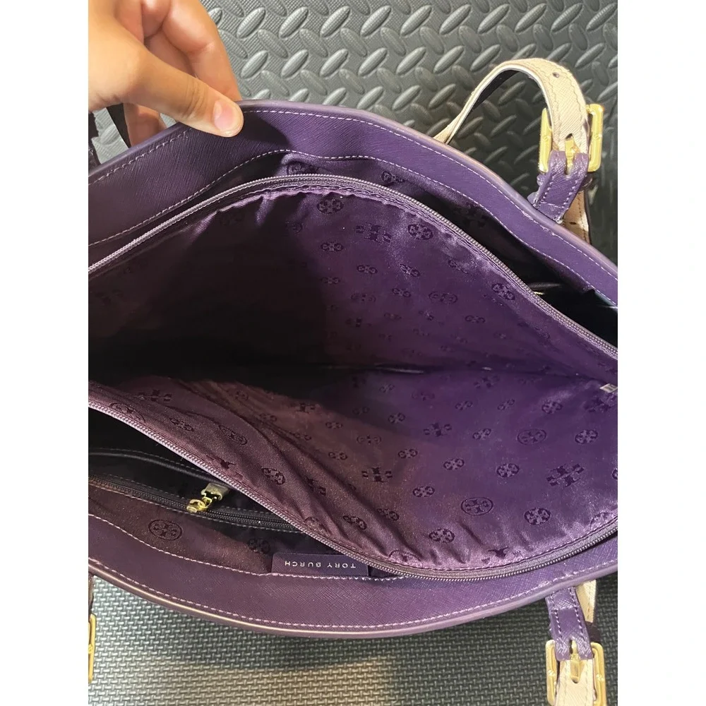 Tory Burch Buckle Tote Womens Large Purple Saffiano Leather Shoulder Bag
